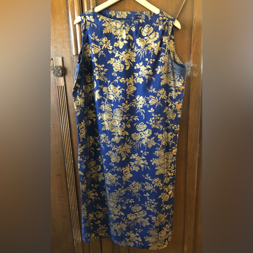 Vintage Gold and Blue Sheath Dress 1980’s Hong Kong no tags